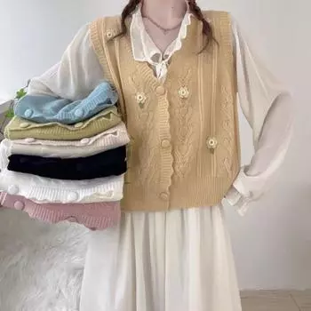 Колледж стиль ниша нерегулярный дизайн цветочный свитер женский весна новый корейский свободный трикотажный жилет One Size небесно-голубой