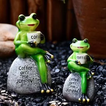 Коллекционная креативная милая лягушка, пьющая кофе, садовое украшение, фигурка лягушки, талисман, статуэтка лягушки S