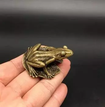 Коллекционные китайские латунные резные животные, лягушка, лист лотоса, изысканные маленькие статуи