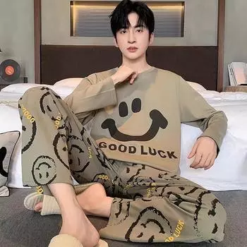 Коллекция мужских пижам Осень-зима Клетчатая однотонная студенческая пижама, домашняя одежда, топы и брюки, пижамы, одежда для отдыха L