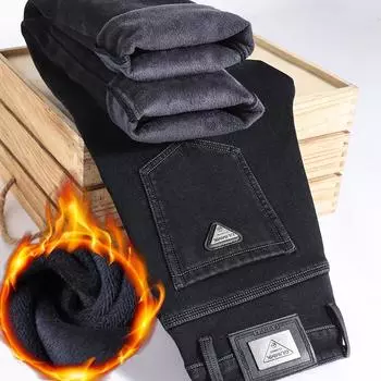 Коллекция осень/зима 2024 года с толстым бархатом для мужчин, свободные прямые эластичные деловые повседневные теплые джинсовые длинные брюки 29 чёрный/синий