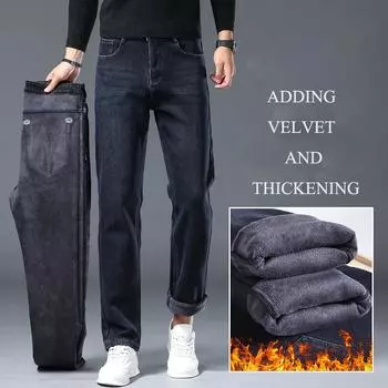 Коллекция осень/зима 2024 года с толстым бархатом для мужчин, свободные прямые эластичные деловые повседневные теплые джинсовые длинные брюки 29 чёрный