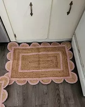 Коллекция плетеного джута с розовым зубчатым краем Коллекция классического качественного натурального тканого коврика ручной работы 90cm x 150cm естественный