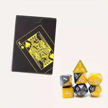 Колода игральных карт и набор из 7 кубиков. Пластиковые водонепроницаемые и износостойкие игральные карты. Желтые и серебряные многогранные игральные кости с цифрами.