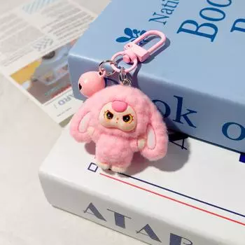 Колокольчик Флокирование Большие Уши Трехлетний Ребенок Мультяшный Брелок Трехмерная Фигурка Студенческий Рюкзак Подвеска LAbubu розовый