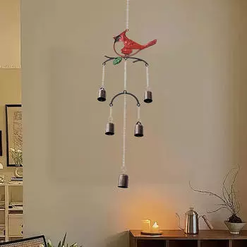 Колокольчик ветра в виде птицы-кардинала с 5 колокольчиками, 32,2 дюйма, многоцелевое подвесное украшение для сада и заднего двора