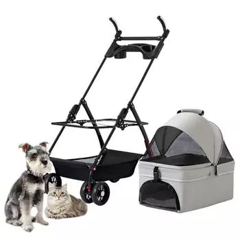 Коляска для домашних животных Легкая коляска для собак/кошек Съемная складная коляска для домашних животных с подстаканником, подносом, регулируемой ручкой и тормозом чёрный