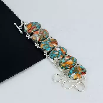 Колючая устрица бирюзовый драгоценный камень браслет ручной работы из стерлингового серебра 925 пробы, Колючая устрица бирюзовый браслет для жены, браслет унисекс, подарок для нее 8 синий