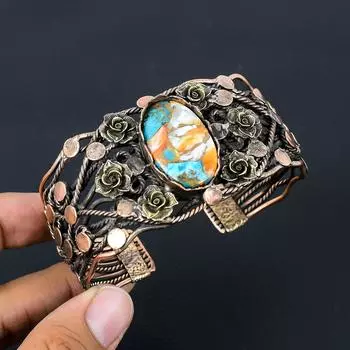 Колючая устрица, медь, бирюза, драгоценный камень, чистая медная проволока, обернутая манжетами/браслетом ручной работы, ювелирные изделия для нее Adjustable синий