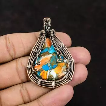 Колючая устрица Медь Бирюза Драгоценный камень Кулон Медная проволока Обернутая подвеска Ювелирные изделия ручной работы Дизайнерские ювелирные изделия Подарок Медный кулон для женщин