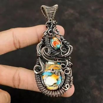 Колючая устрица Медь Бирюза Драгоценный камень Кулон Медная проволока Обернутая подвеска Ювелирные изделия ручной работы Дизайнерские ювелирные изделия Подарок Медный кулон для женщин