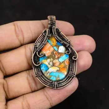 Колючая устрица Медь Бирюза Подвеска Драгоценный камень Подвеска Медная проволока Обернутая подвеска Медные украшения ручной работы Дизайнерский кулон Подарок для матери