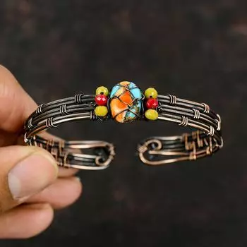 Колючая устрица, медная бирюзовая манжета, желтые и красные коралловые бусины, браслет из медной проволоки, ювелирные изделия, регулируемая манжета, браслет из драгоценных камней, манжета ручной работы