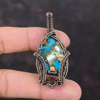 Колючая устрица Медная бирюзовая подвеска Медная проволока Обернутая драгоценным камнем подвеска ручной работы Ювелирный дизайнерский кулон для подарка Уникальные медные украшения