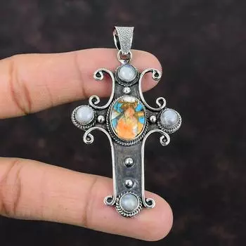 Колючая устрица, медная бирюзовая подвеска, подвеска с радужным лунным камнем, подвеска из стерлингового серебра 925 пробы, ювелирные изделия ручной работы, подвеска с драгоценным камнем, подвеска в виде креста