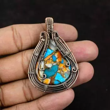 Колючая устрица Медная бирюзовая подвеска с драгоценным камнем Подвеска из медной проволоки, ювелирные изделия ручной работы Колючая устрица Медная бирюзовая подвеска