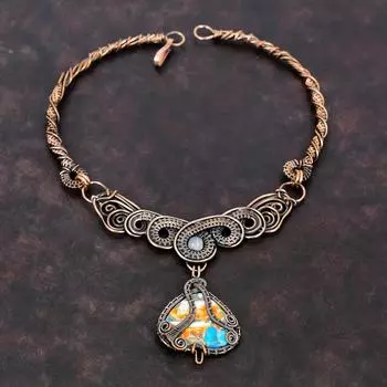 Колючая устрица, медное бирюзовое ожерелье, медная проволока, обернутая ожерельем с драгоценными камнями, ожерелье из радужного лунного камня, медные украшения ручной работы, подарок для нее
