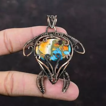 Колючая устрица, медный бирюзовый кулон, медная проволока, кулон, кулон ручной работы с драгоценным камнем, медные украшения, подарок на помолвку, кулон в виде черепахи