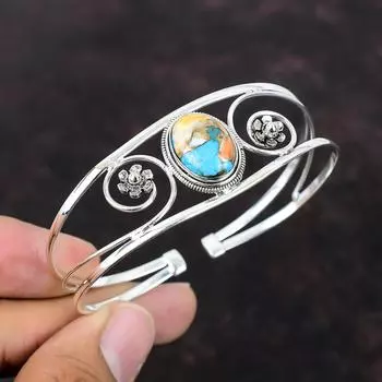 Колючая устрица, медный браслет с бирюзой, ювелирные изделия ручной работы, регулируемый браслет, браслет-манжета из стерлингового серебра 925 пробы, подарок для него, браслеты из настоящего драгоценного камня