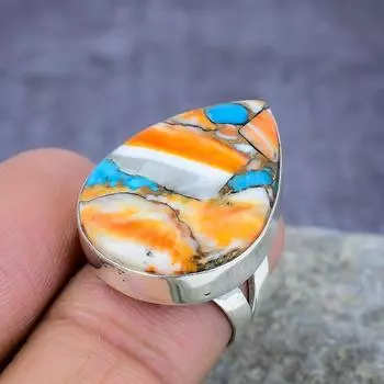 Колючий устричный драгоценный камень ручной работы 925 пробы Серебряное кольцо Ювелирный подарок для матери 4 оранжевый