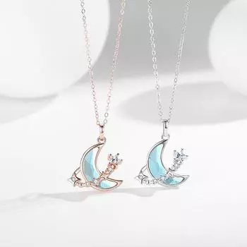 Колыбельная из розового золота со звездой и луной для женщин, настоящее 925 пробы серебро с лунным камнем, ожерелье на ключицу, модные женские украшения 45cm платиновый