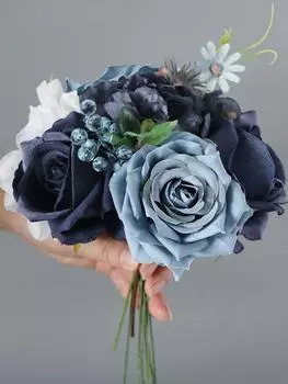 Комбинация искусственных цветов Пыльно-голубые цветы Микс шелковых цветов Розы со стеблями для свадебных букетов своими руками Цветочная композиция Настольные украшения для дома синий