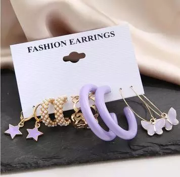 Комбинация из 5 фиолетовых и золотых сережек-колец в виде бабочки и звезды в форме сердца