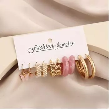 Комбинация из 5 пар серег-колец с розовым жемчугом-бабочкой розовый