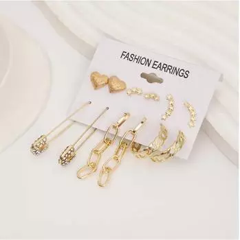 Комбинация из 6 пар заклепок в виде сердечек и серег-кольца золотистый