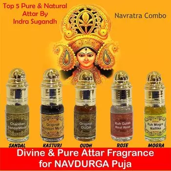 Комбинация натуральных эфирных масел Чандан/Сандал, Кастури, Уд, Гулаб, Могра (3 мл) 5 шт. ~ Чистая экзотическая парфюмерная форма для мужчин | женщин (3 Ml) 5 Pieces
