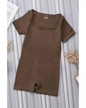 Комбинезон Azura Exchange с короткими рукавами и квадратным вырезом - стиль Athleisure L коричневый