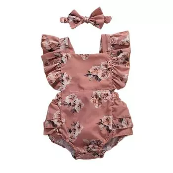 Комбинезон без рукавов с цветочным принтом для маленьких девочек + комплект одежды с повязкой на голову 70 розовый