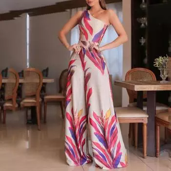 Комбинезон без рукавов с принтом, универсальный женский комбинезон на одно плечо, уличная одежда для свиданий M бежевый