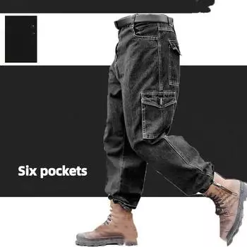 Комбинезон Брюки Мужская одежда Брюки Износостойкий Защищающий от ожогов Утолщенный Хлопок Рабочая одежда Джинсовые рабочие брюки Множество карманов S черный серый