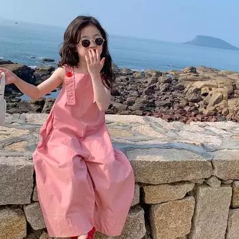 Комбинезон для девочек, летний однотонный комбинезон на подтяжках, детский комбинезон с широкими штанинами 15 розовый