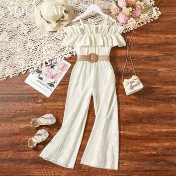 Комбинезон для девочек, лето 2024, кружевной комбинезон на одно плечо, детская одежда 8Y