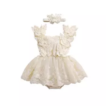 Комбинезон для девочек, платье с кружевом, бабочкой, рукавом, сетчатой юбкой, подолом, комбинезоны, боди с повязкой на голову 0-3 Months хаки