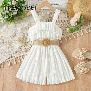 Комбинезон для девочек, плиссированные комбинезоны без рукавов с подтяжками и листьями лотоса для детей, летняя одежда, белые комбинезоны с кисточками и поясом