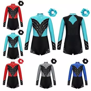 Комбинезон для девочек с длинными рукавами и блестящими бриллиантами, гимнастический балетный танцевальный купальник, спортивный костюм для бикетера с резинкой для волос, головной убор 5-6 Years