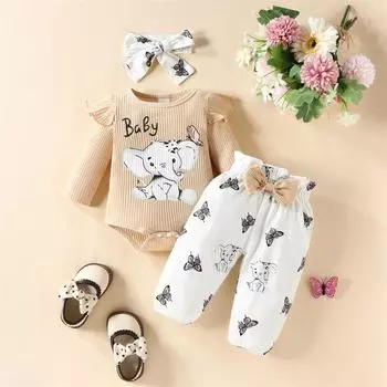 Комбинезон для девочек с принтом слона, длинные рукава, повседневные штаны, повязка на голову 12-18 Months абрикосовый