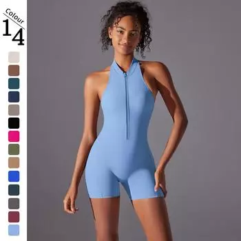 Комбинезон для йоги без рукавов на молнии Nessaj, женский высокоэластичный спортивный комбинезон, однотонные шорты, цельный комплект