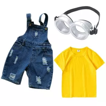 Комбинезон для косплея «Миньон», летний комплект из топа и низа с короткими рукавами, детский костюм из 3 предметов, джинсовый комбинезон для девочек и мальчиков, джинсовые брюки, джинсы, все в одном