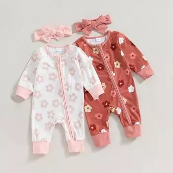 Комбинезон для маленьких девочек, детский комбинезон на молнии с длинными рукавами и цветочным принтом, с повязкой на голову 80