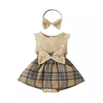 Комбинезон для маленьких девочек, платье, кружевная клетчатая юбка с рукавами-крылышками и бантом, подол, боди для младенцев, летняя одежда с повязкой на голову 0-3 Months абрикосовый