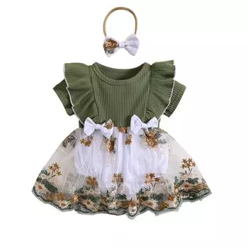 Комбинезон для маленьких девочек, платье с цветочной вышивкой, вязаные комбинезоны в рубчик с оборками и круглым вырезом, летние боди с повязкой на голову с бантом 0-3 Months зелёный