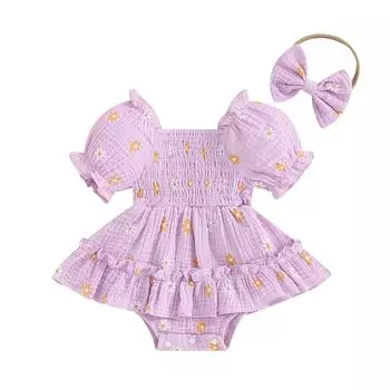 Комбинезон для маленьких девочек, платье, комбинезон с короткими рукавами и принтом ромашки, комплект с милой повязкой на голову, летняя одежда, комплект из 2 предметов 0-3 Months розовый