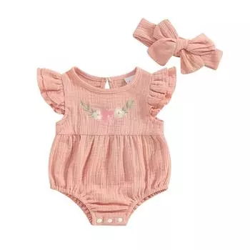 Комбинезон для маленьких девочек с цветочной вышивкой, комбинезон с летающими рукавами и круглым вырезом с бантом на голову, комплект из 2 предметов 0-3 Months розовый