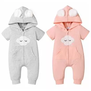 Комбинезон для маленьких мальчиков и девочек, милый комбинезон с капюшоном и короткими рукавами, комбинезон на молнии с мультяшным принтом S серый