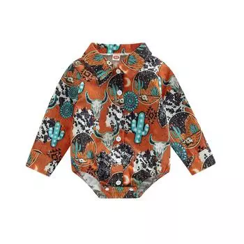 Комбинезон для маленьких мальчиков и девочек, осеннее боди с отложным воротником на пуговицах и принтом лошади/коровы, 6 месяцев, 12 месяцев, 18 месяцев, 24 месяцев 0-6 Months жёлтый