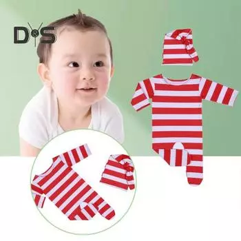 Комбинезон для малышей, 2 шт./компл., очаровательный приятный на ощупь мягкий комбинезон с длинными рукавами для фотосъемки, полиэстер, красно-белая полоска, боди для новорожденных с шапочкой для девочек белый/красный
